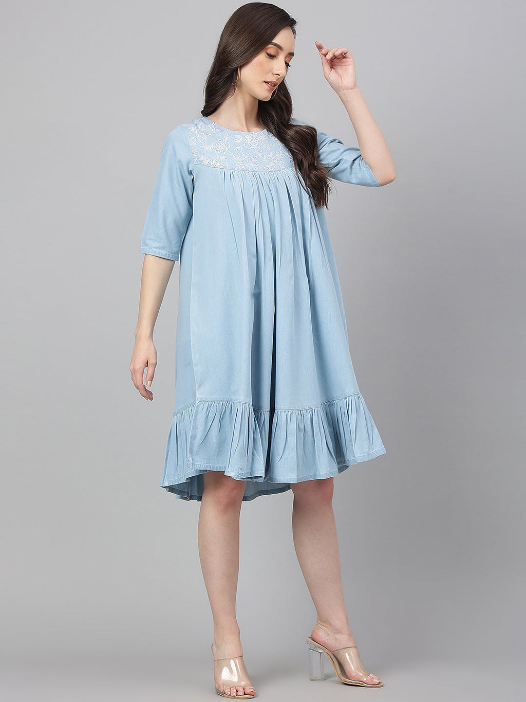Janasya Women's Light Blue Denim Solid Flared Western Dress