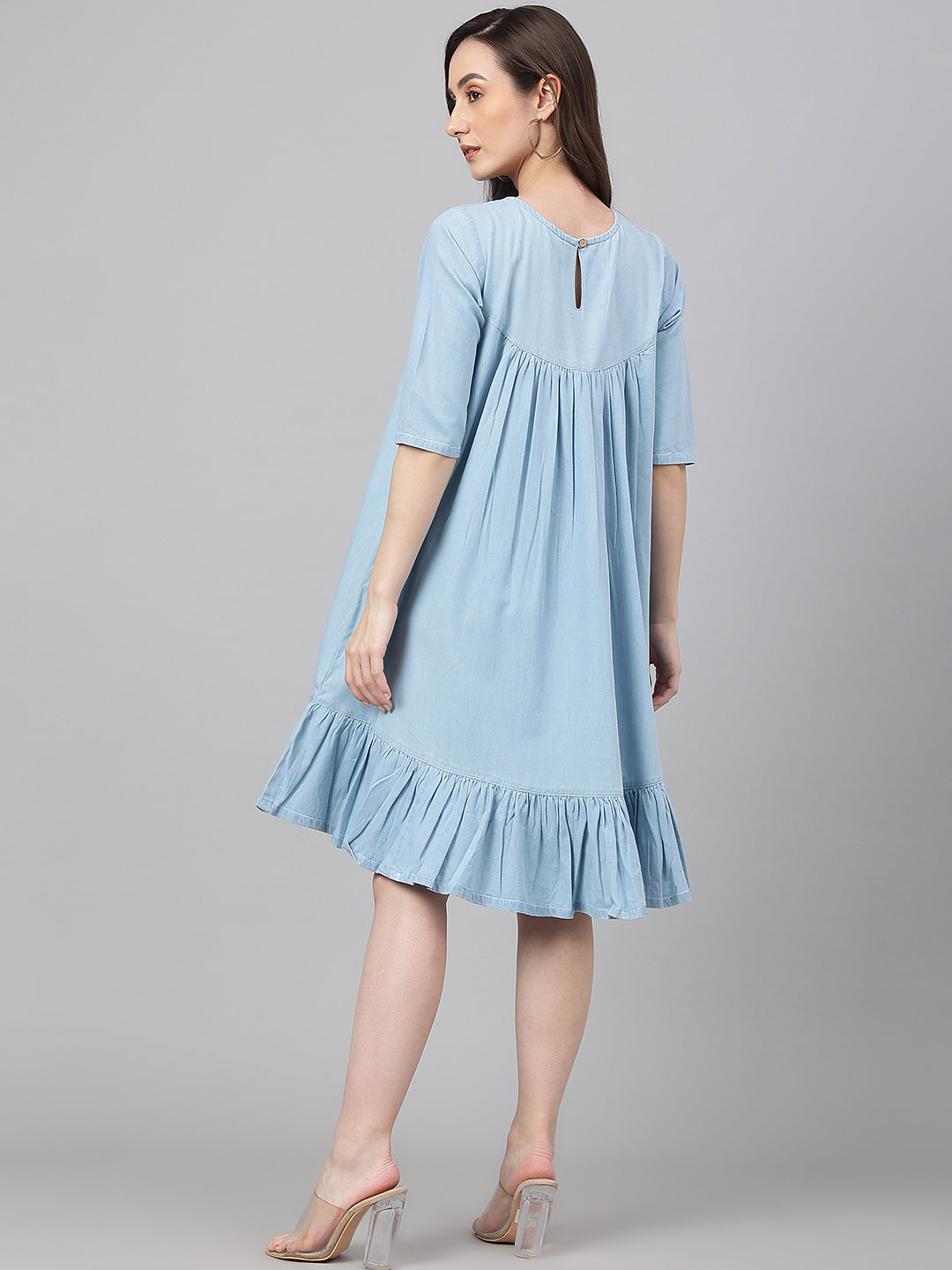Janasya Women's Light Blue Denim Solid Flared Western Dress