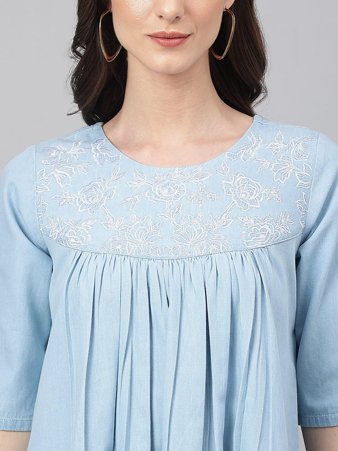 Janasya Women's Light Blue Denim Solid Flared Western Dress