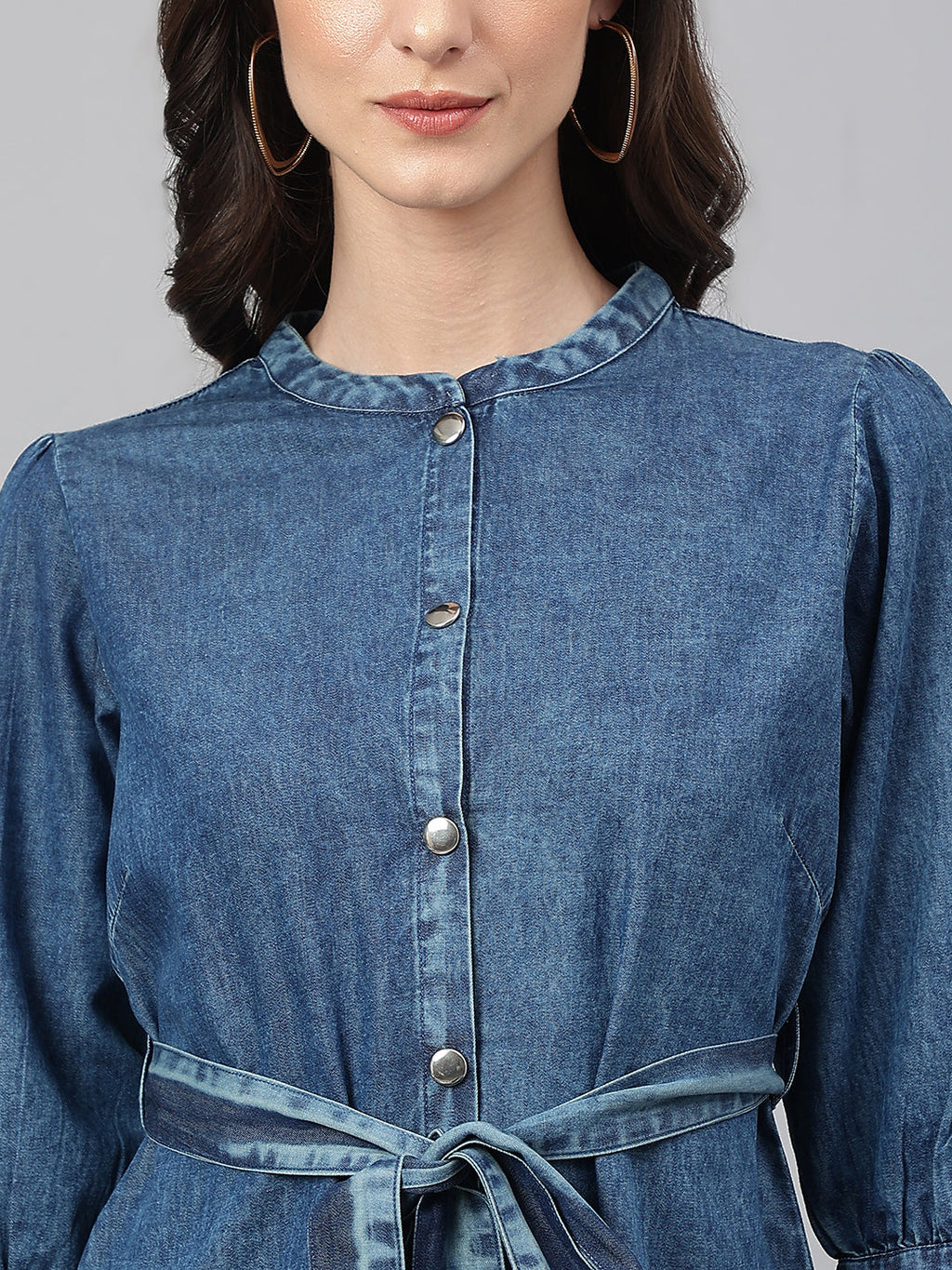 Janasya Women's Blue Denim Solid Straight Western Dress