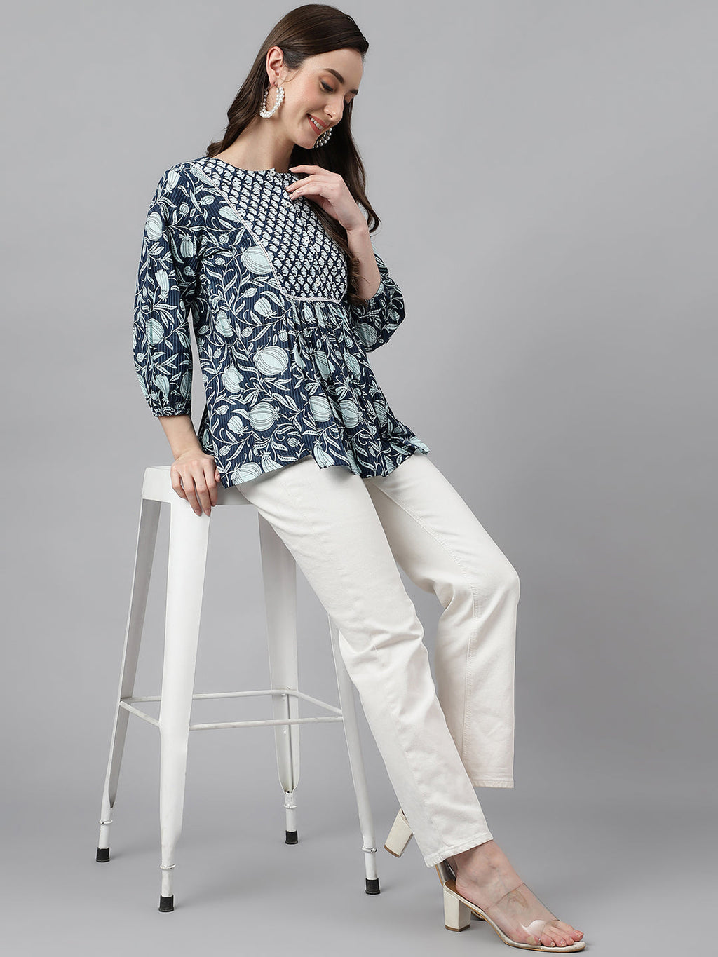 Janasya Women's Navy Blue Cotton Floral Print Gathered Top