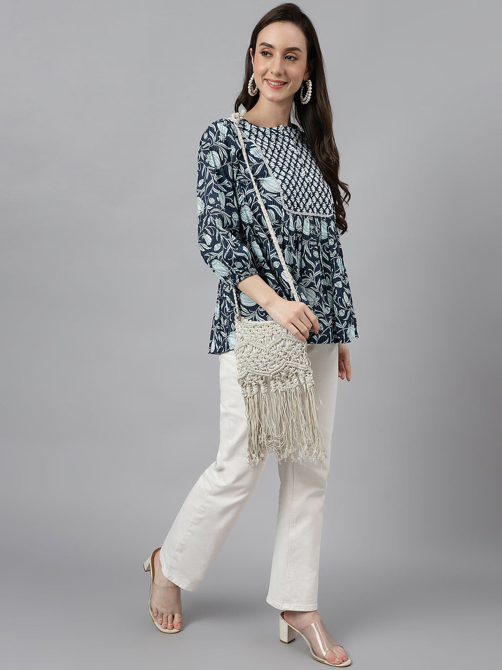 Janasya Women's Navy Blue Cotton Floral Print Gathered Top