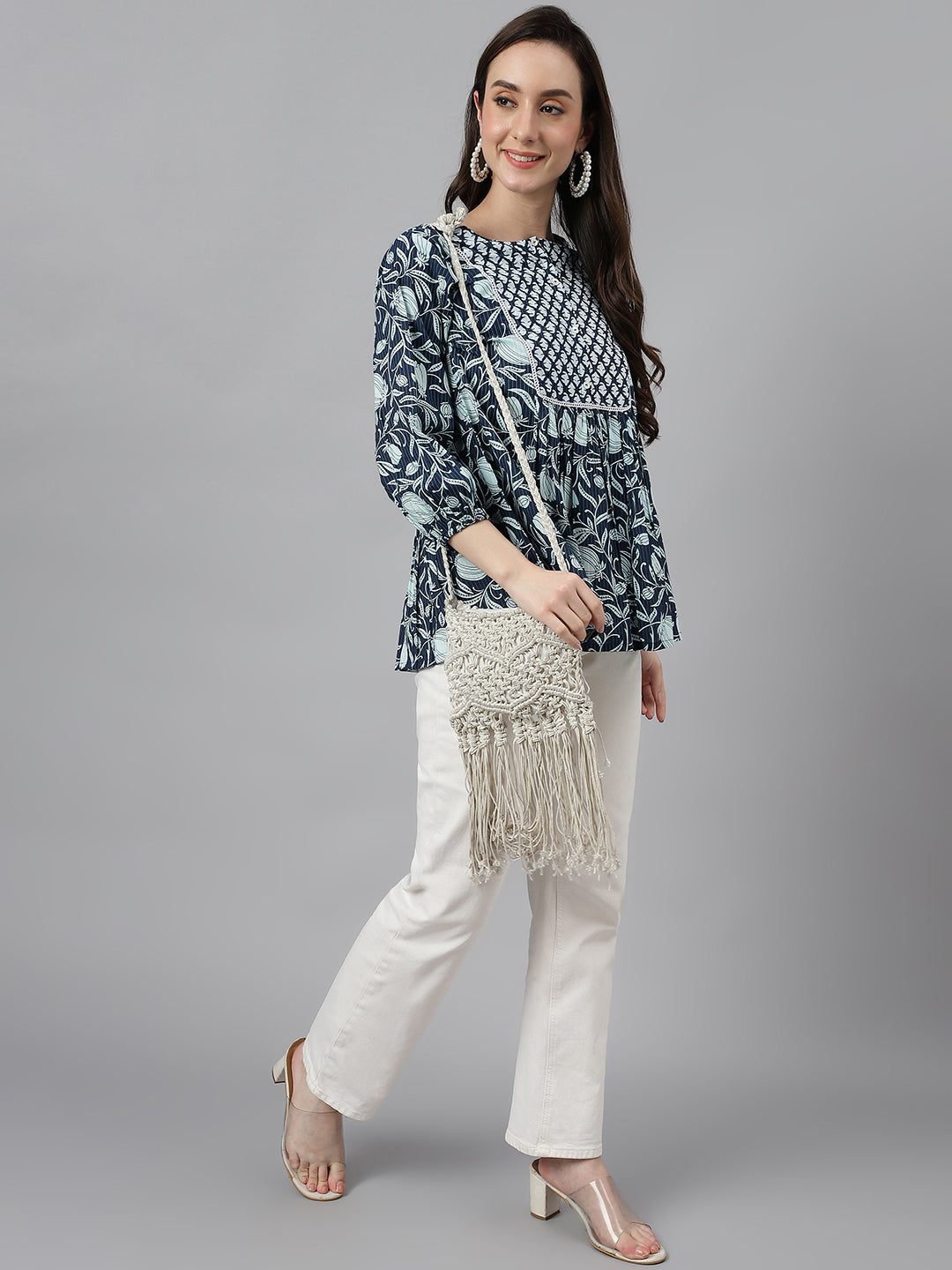 Janasya Women's Navy Blue Cotton Floral Print Gathered Top