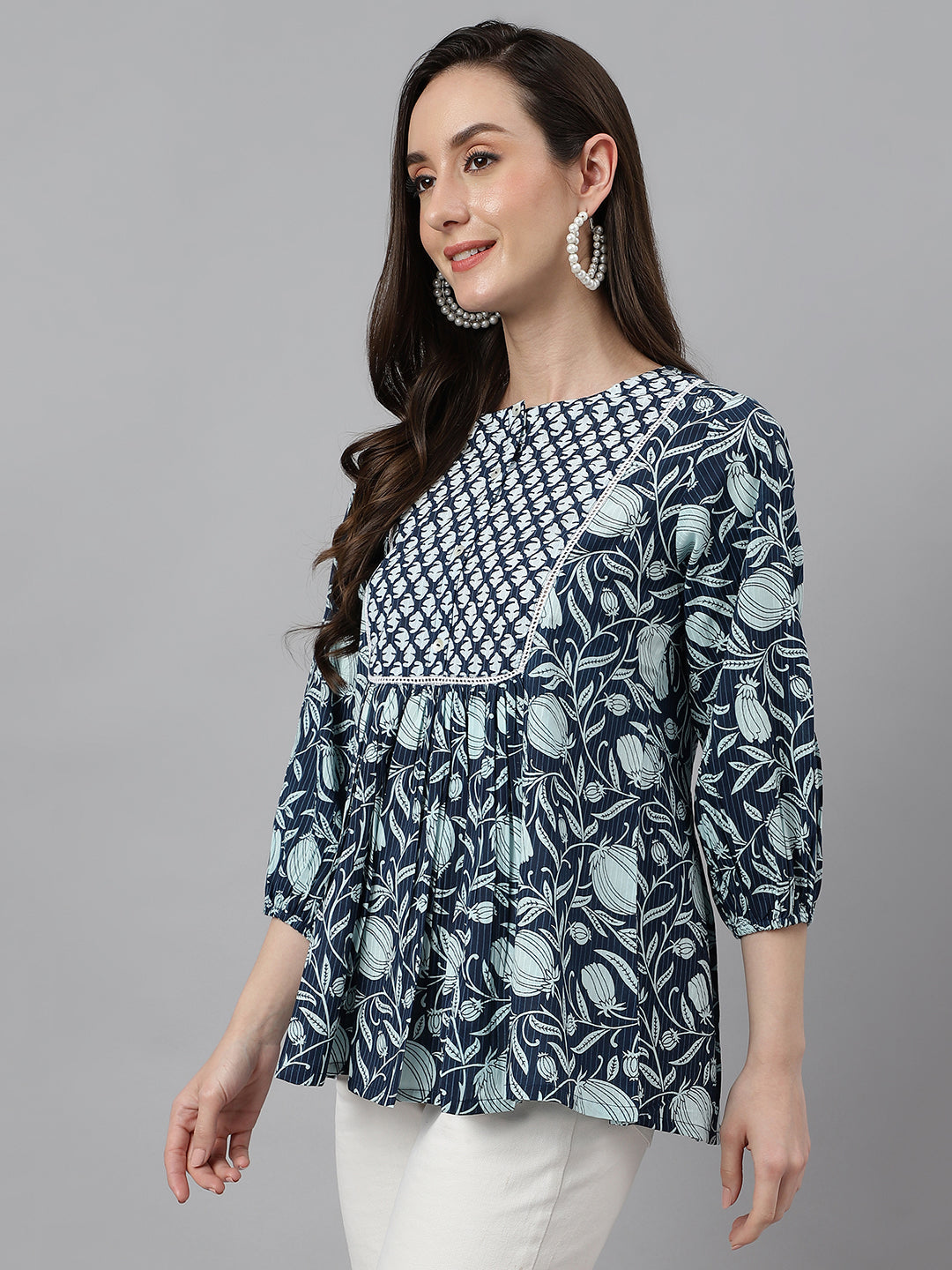 Janasya Women's Navy Blue Cotton Floral Print Gathered Top
