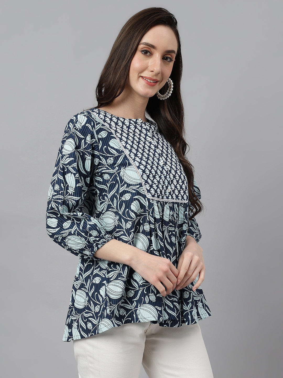 Janasya Women's Navy Blue Cotton Floral Print Gathered Top