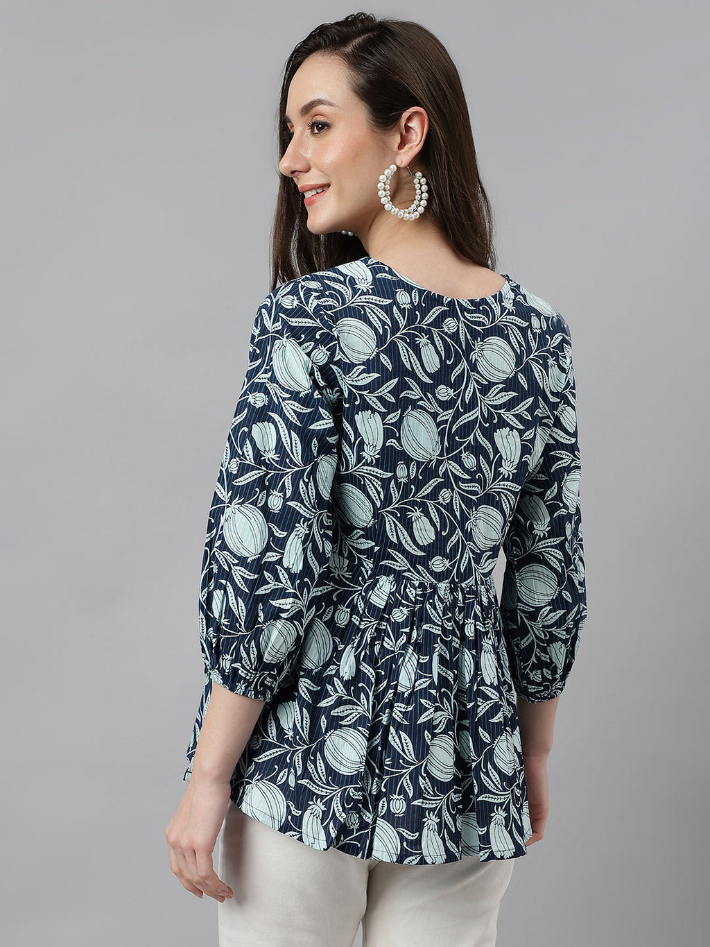 Janasya Women's Navy Blue Cotton Floral Print Gathered Top