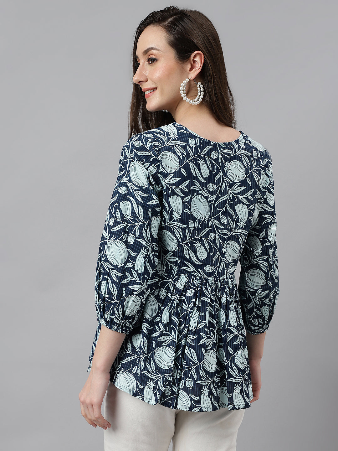 Janasya Women's Navy Blue Cotton Floral Print Gathered Top