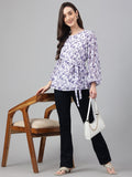 Janasya Women's White Georgette Floral Print Flared Top