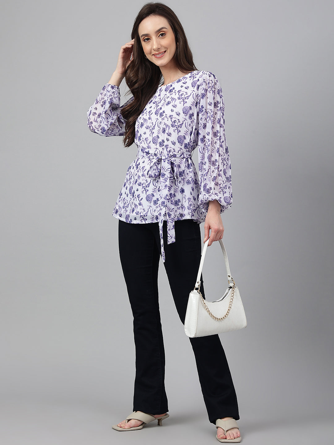 Janasya Women's White Georgette Floral Print Flared Top
