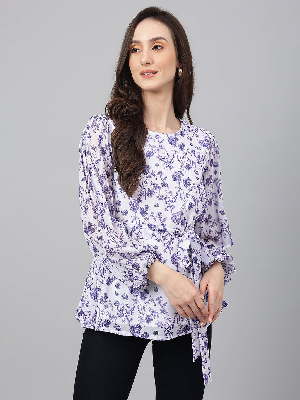 Janasya Women's White Georgette Floral Print Flared Top
