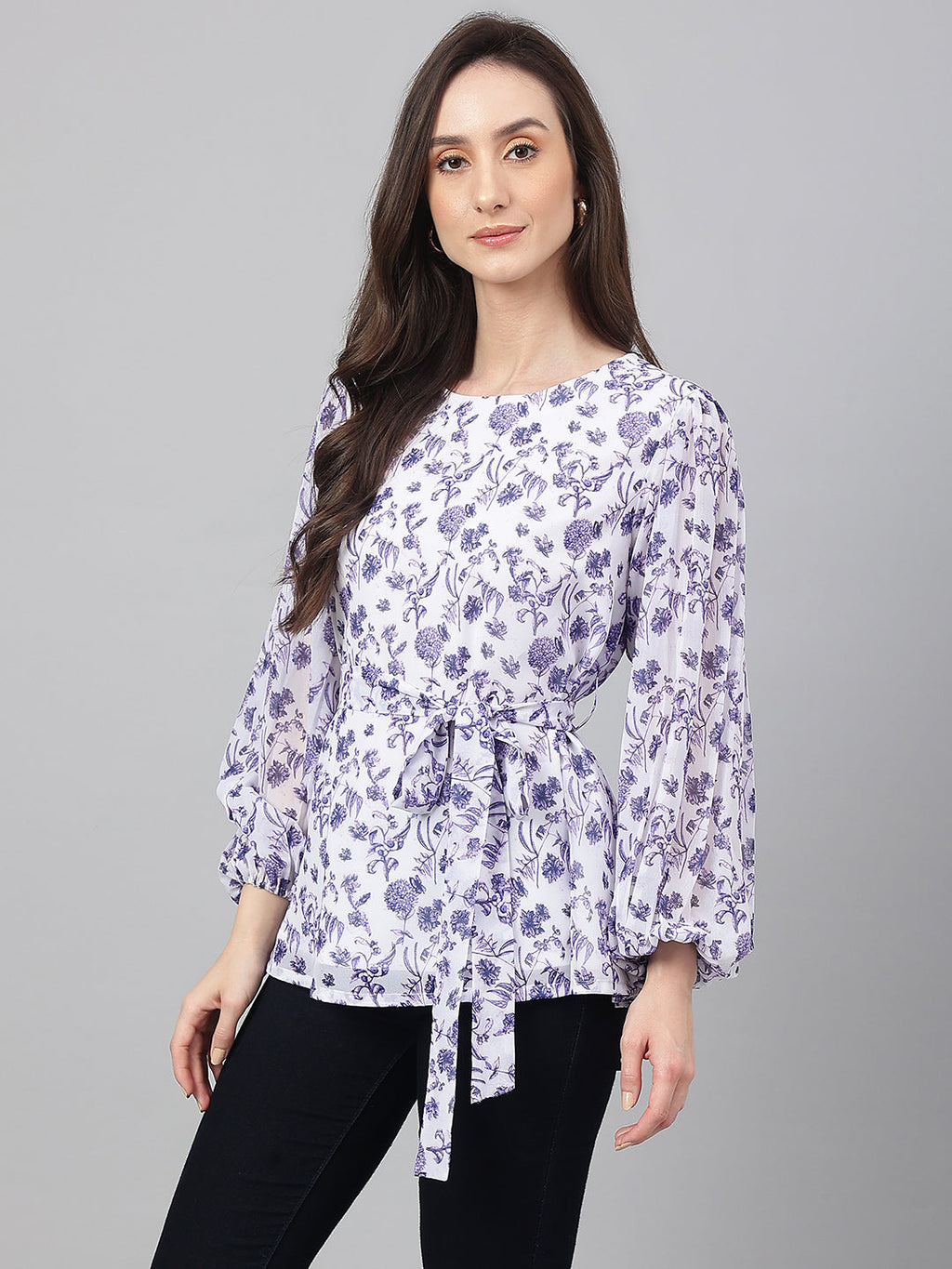 Janasya Women's White Georgette Floral Print Flared Top
