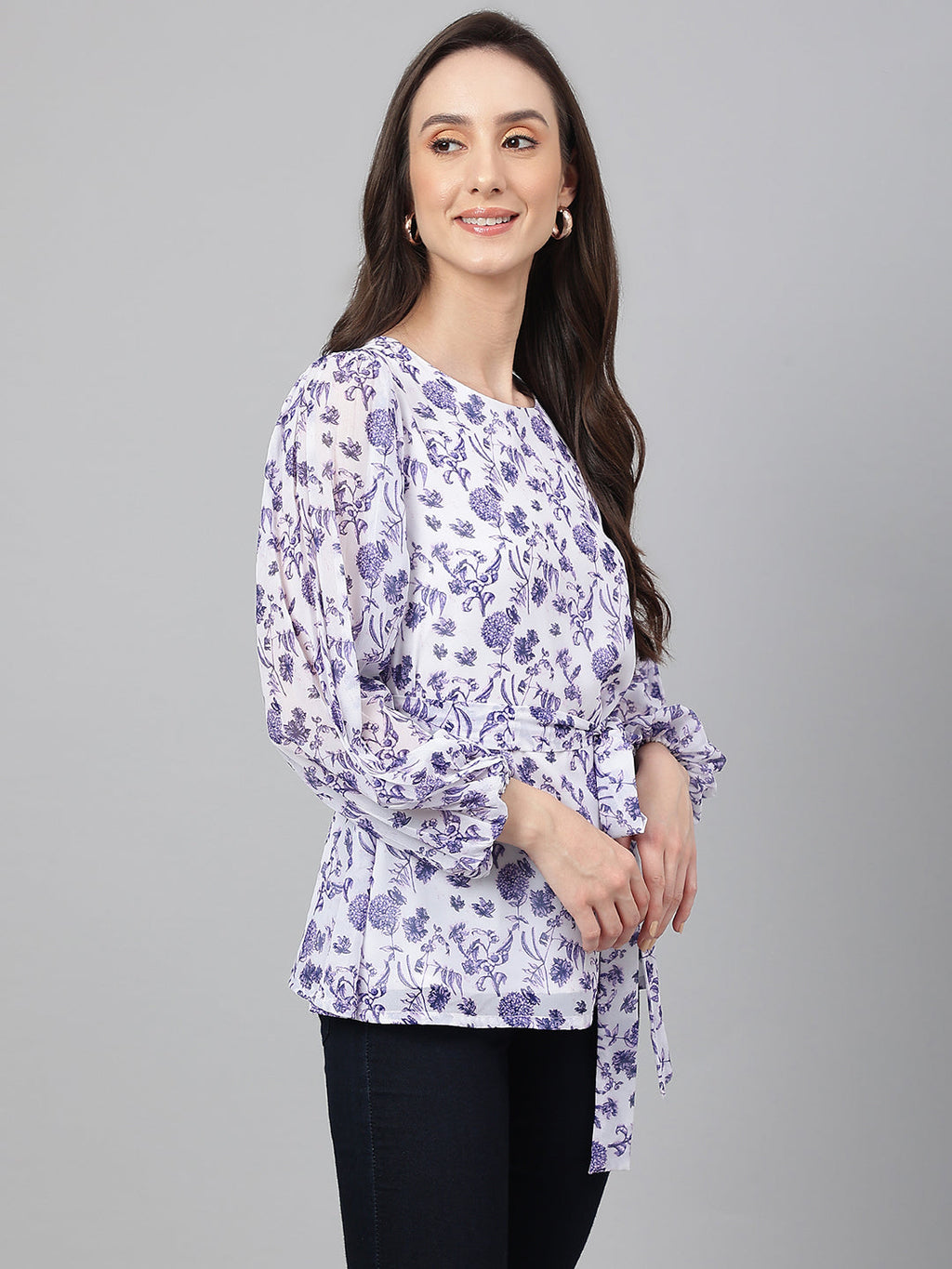 Janasya Women's White Georgette Floral Print Flared Top
