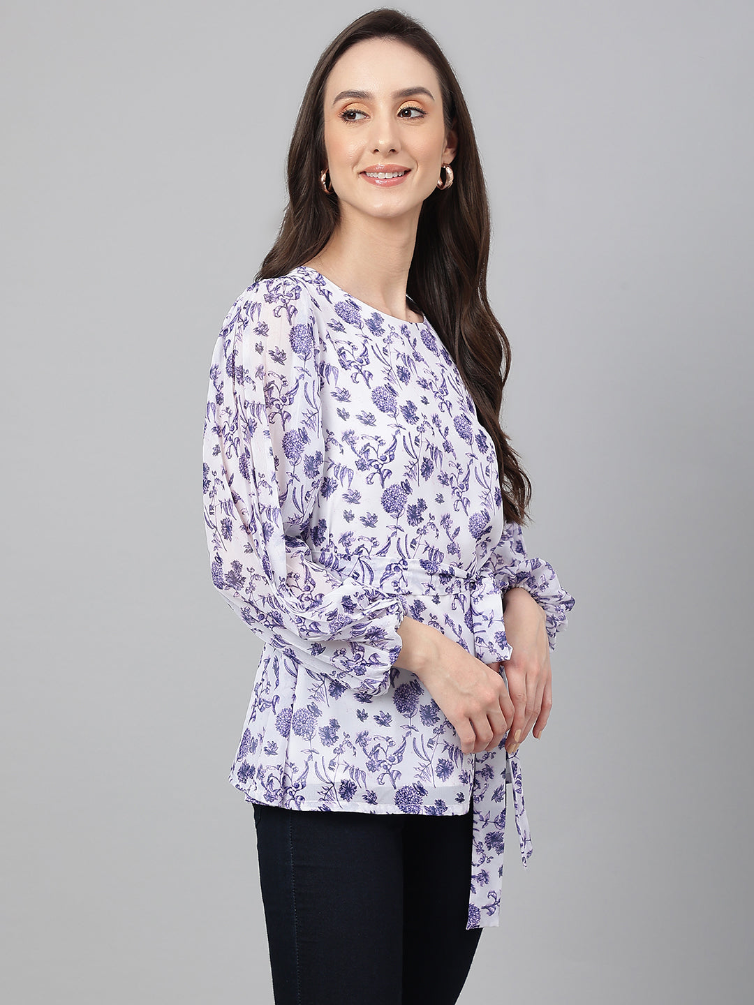 Janasya Women's White Georgette Floral Print Flared Top
