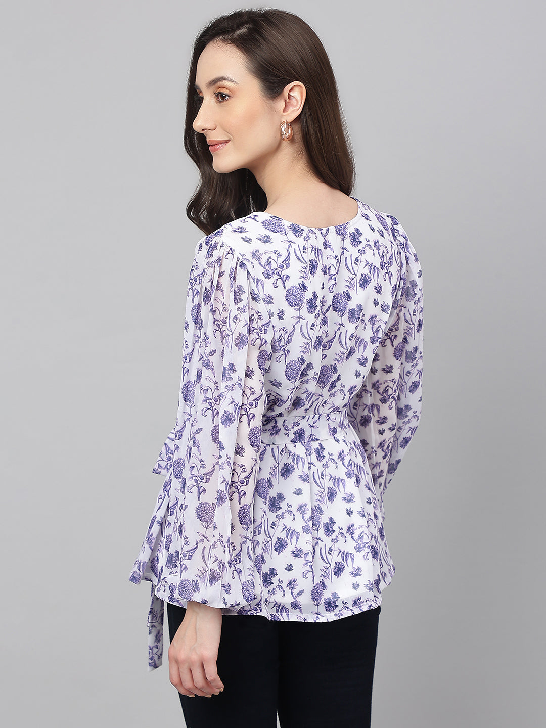 Janasya Women's White Georgette Floral Print Flared Top