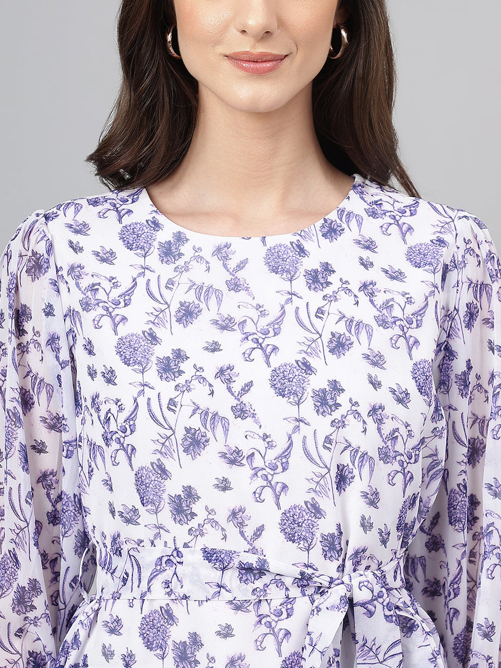 Janasya Women's White Georgette Floral Print Flared Top