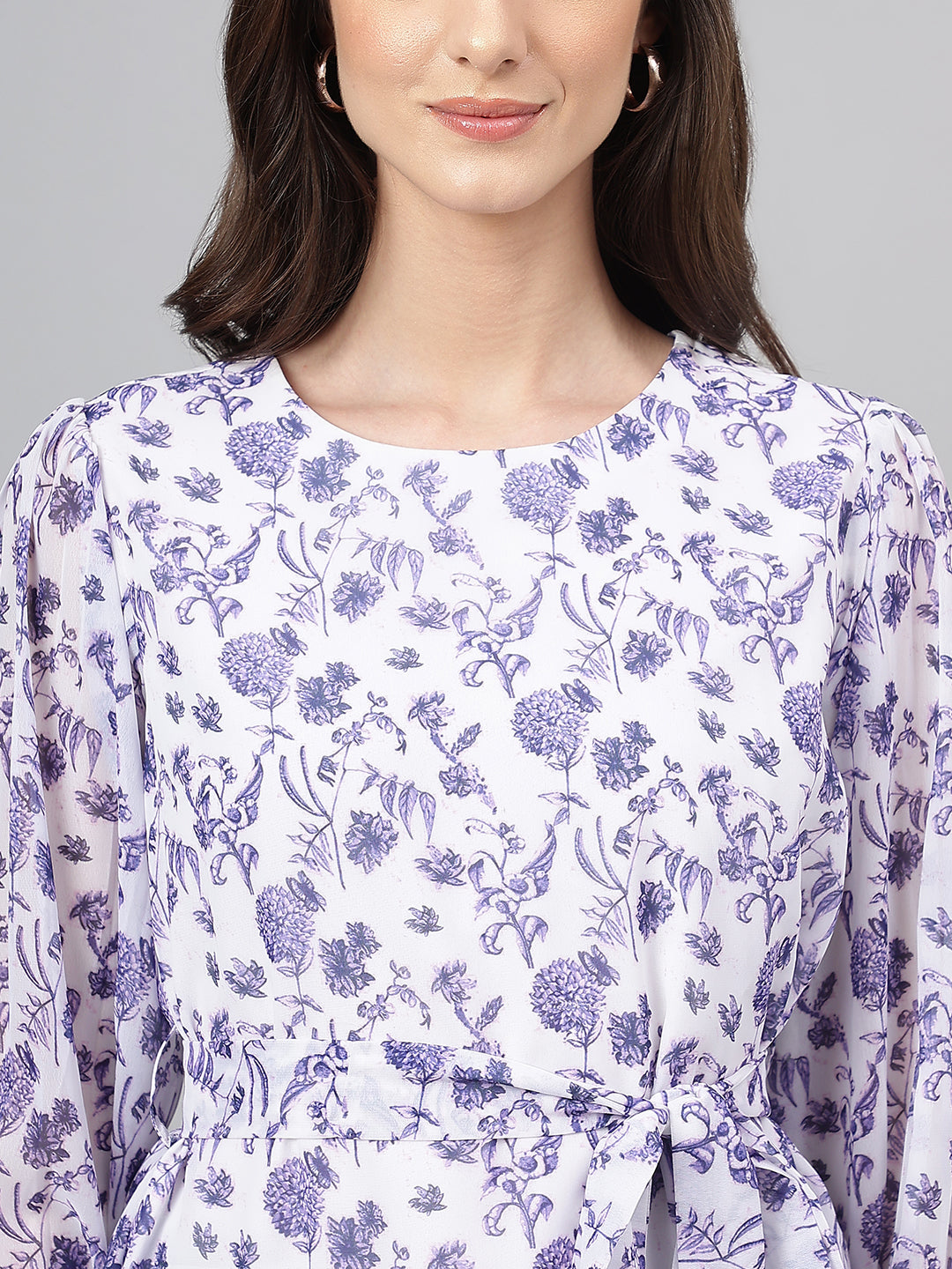 Janasya Women's White Georgette Floral Print Flared Top