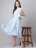 Janasya Women's Blue Georgette Floral Printed Flared Western Dress