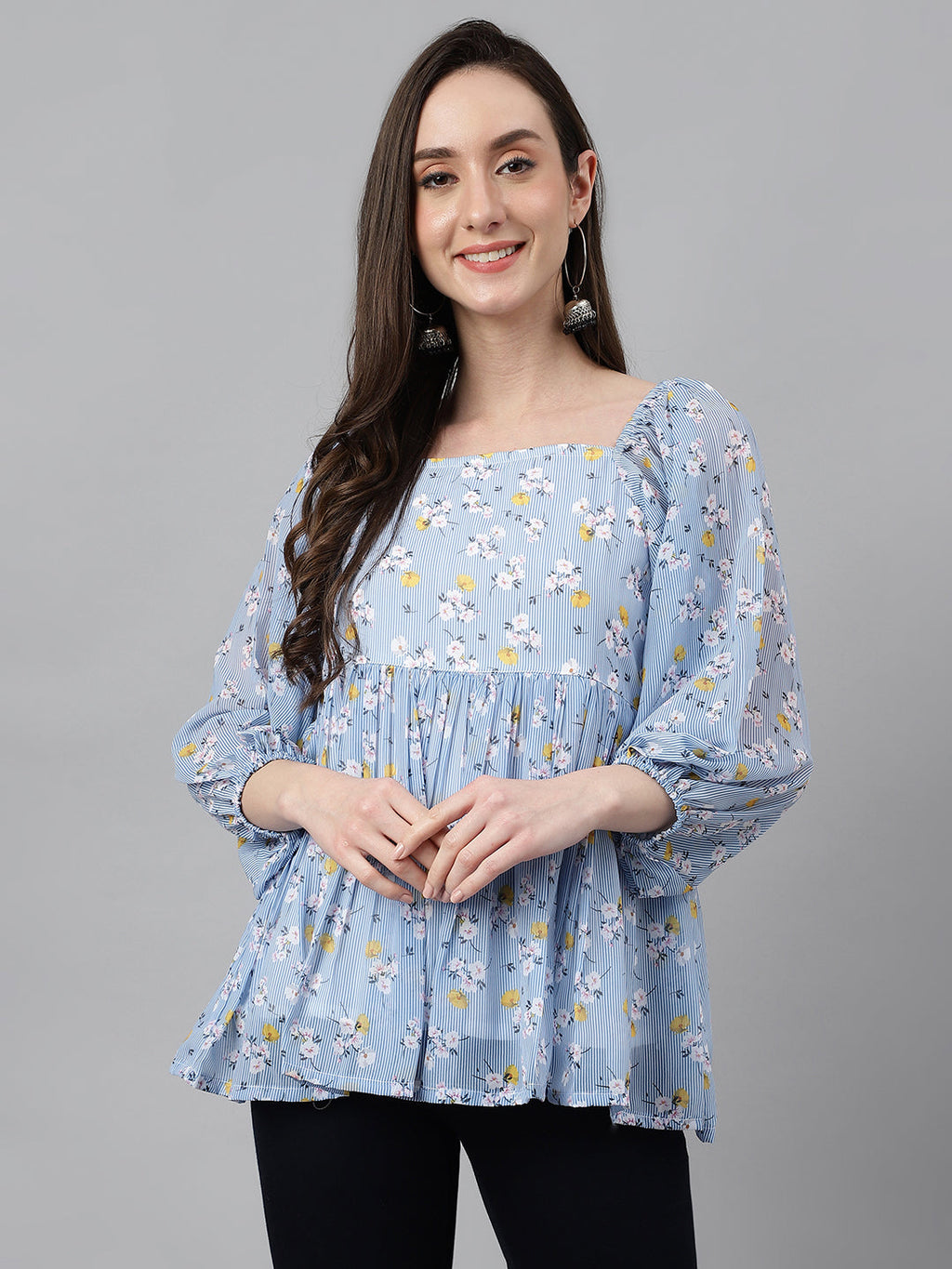 Janasya Women's Blue Georgette Floral Print Peplum Top
