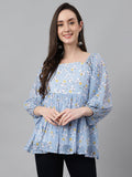 Janasya Women's Blue Georgette Floral Print Peplum Top