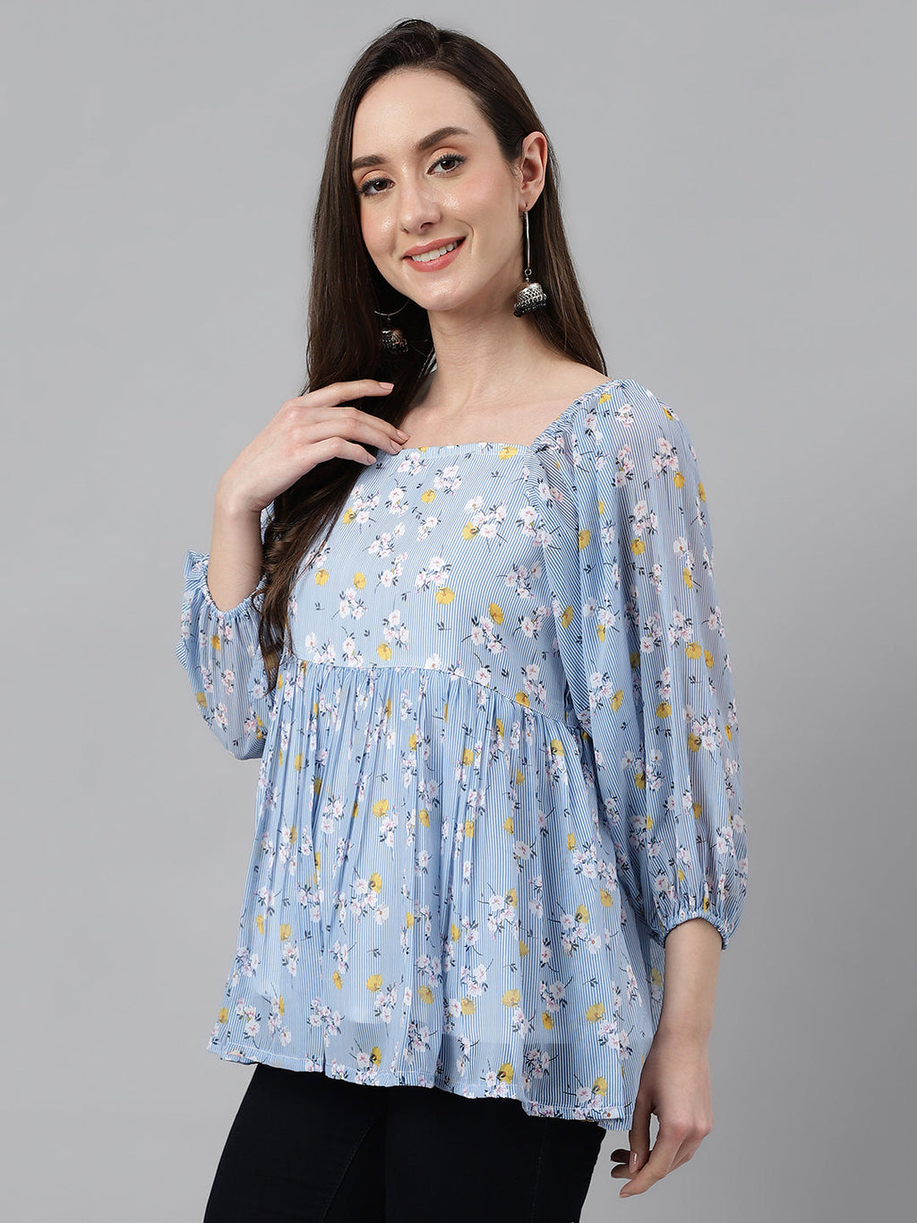 Janasya Women's Blue Georgette Floral Print Peplum Top