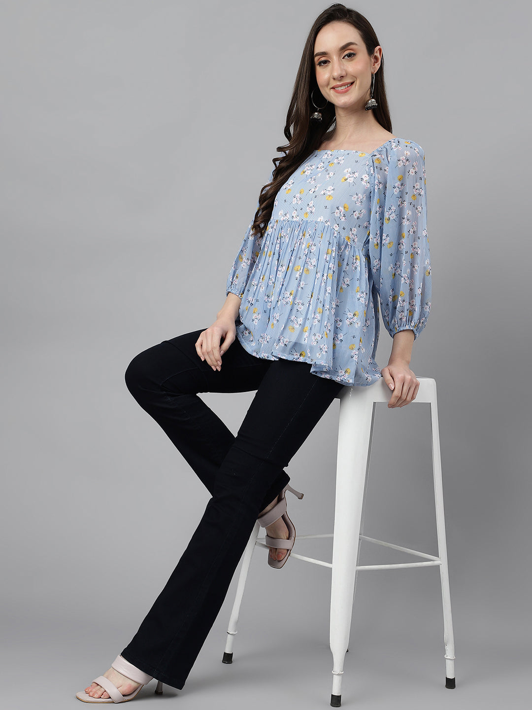 Janasya Women's Blue Georgette Floral Print Peplum Top
