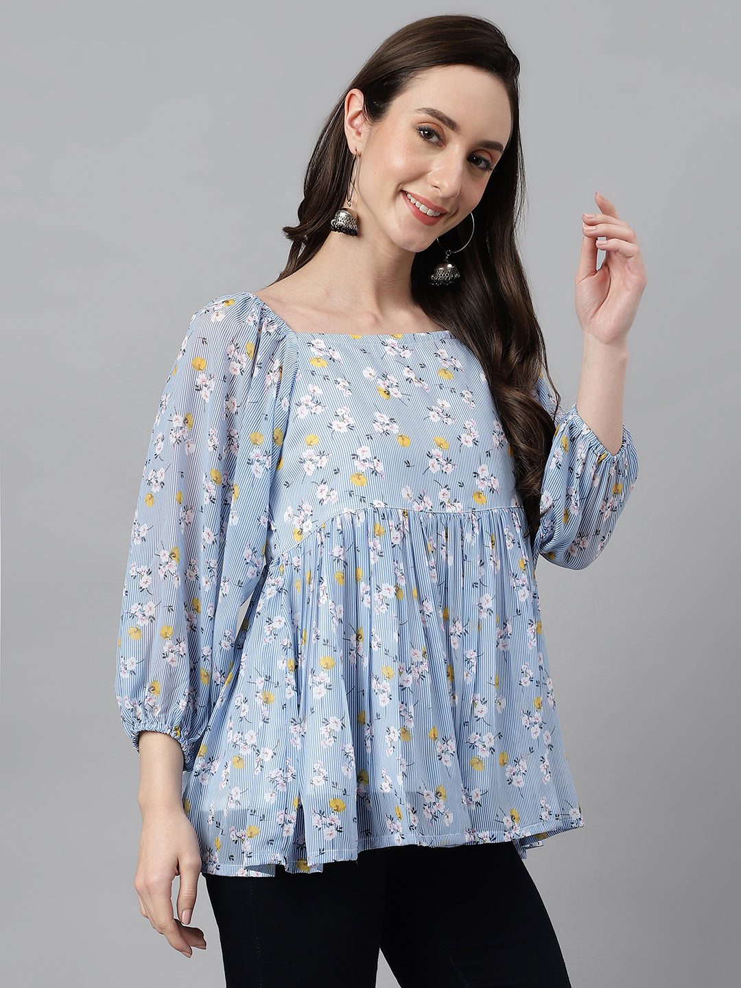 Janasya Women's Blue Georgette Floral Print Peplum Top