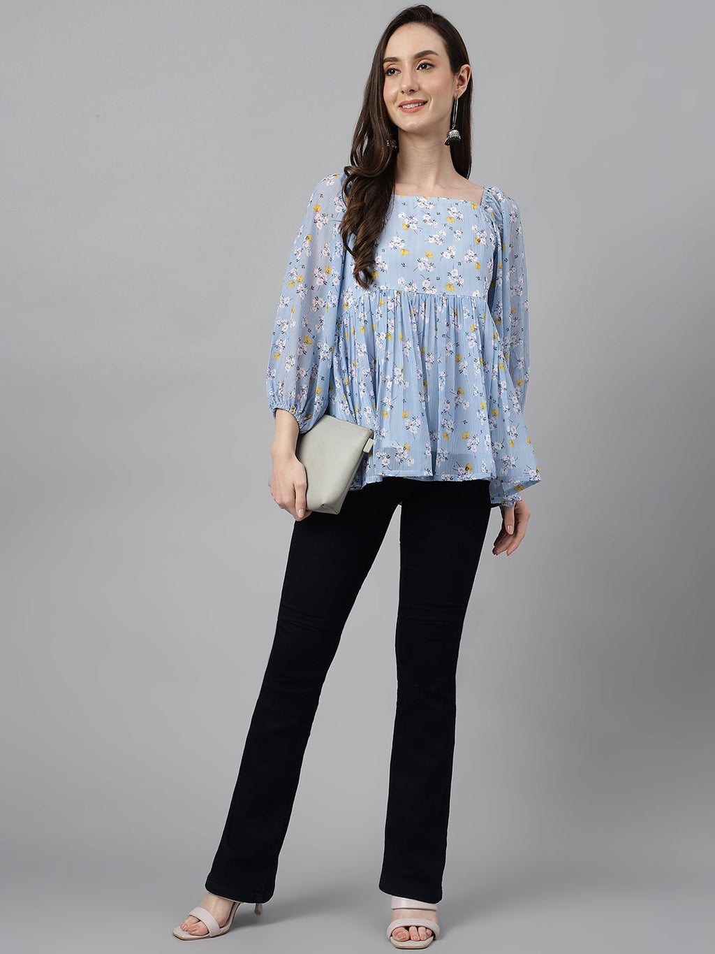 Janasya Women's Blue Georgette Floral Print Peplum Top