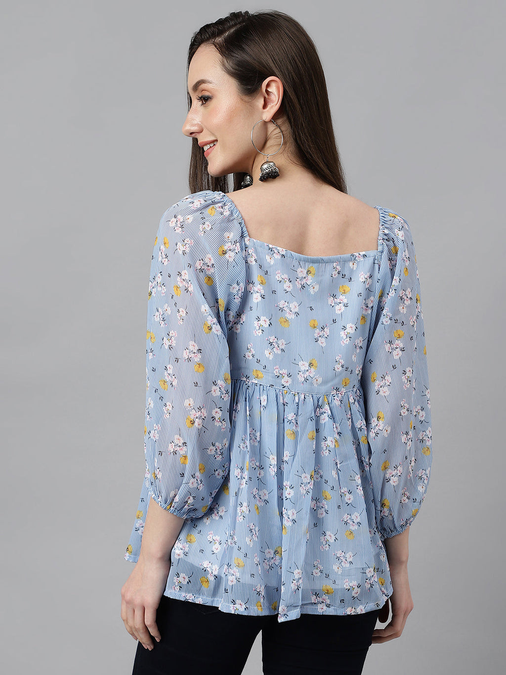 Janasya Women's Blue Georgette Floral Print Peplum Top