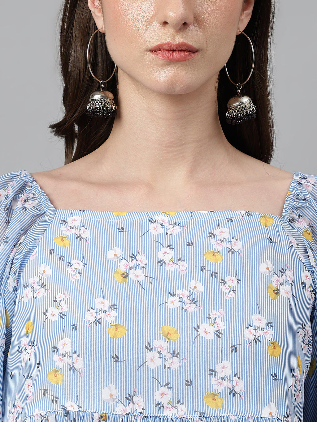 Janasya Women's Blue Georgette Floral Print Peplum Top