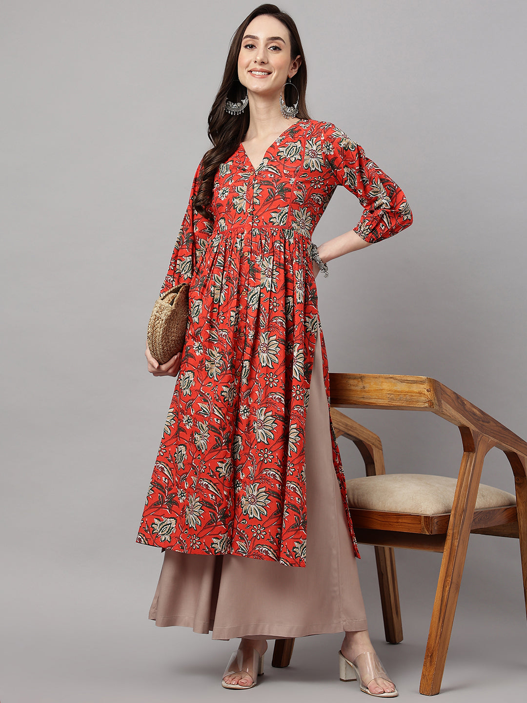 Janasya Women's Rust Orange Cotton Floral Printed Casual Gathered Kurta