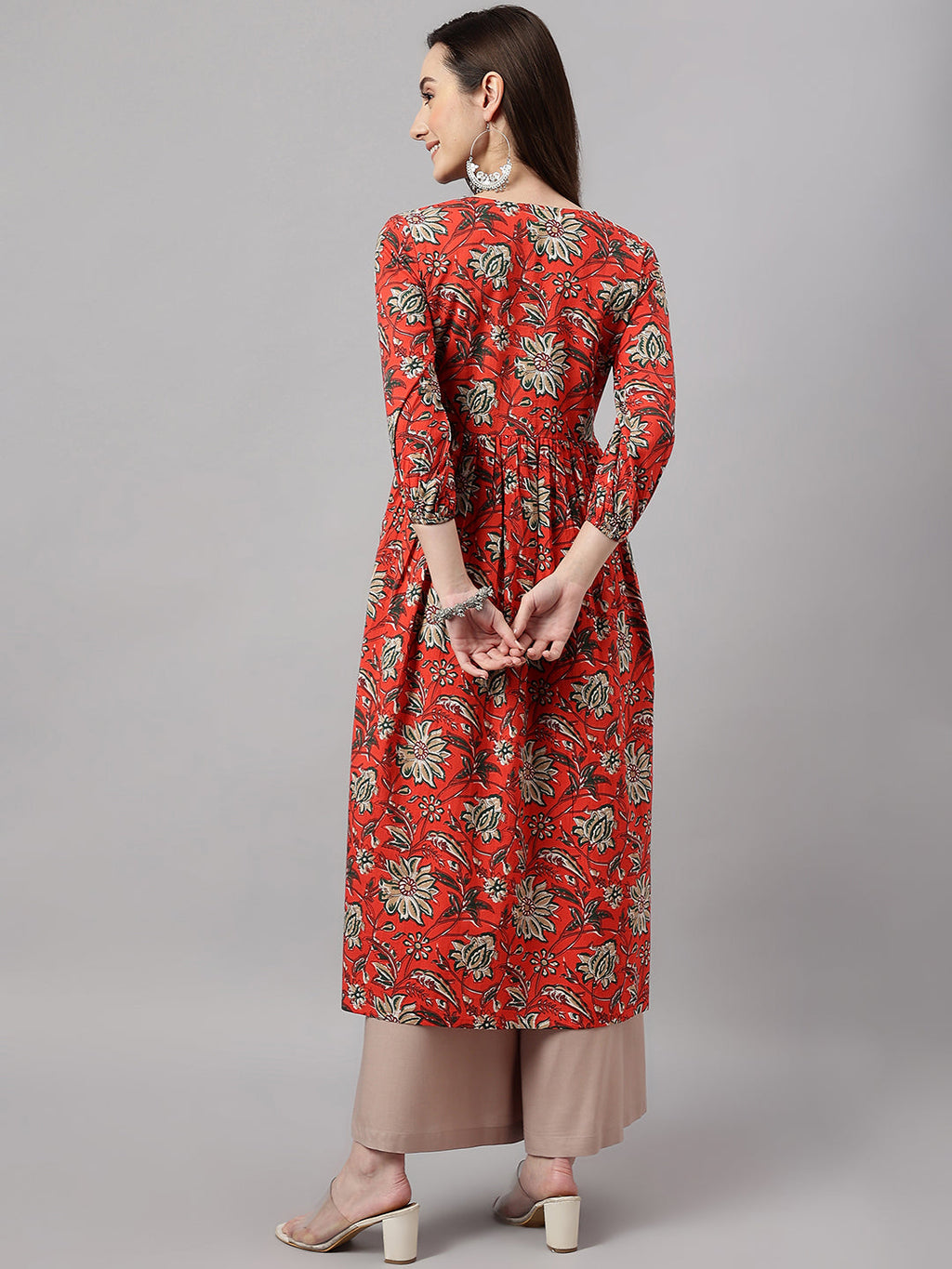 Janasya Women's Rust Orange Cotton Floral Printed Casual Gathered Kurta