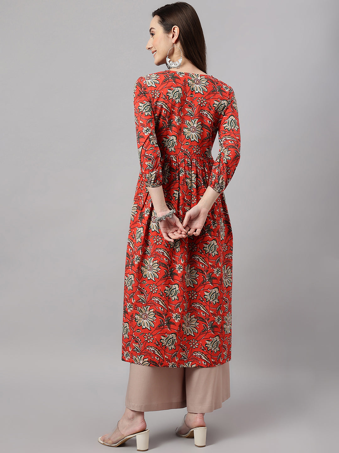 Janasya Women's Rust Orange Cotton Floral Printed Casual Gathered Kurta