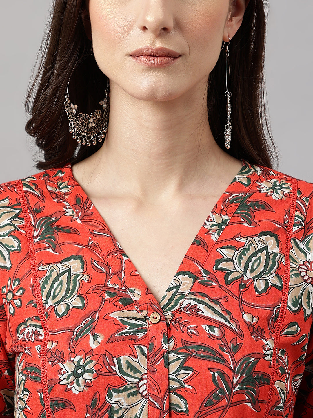 Janasya Women's Rust Orange Cotton Floral Printed Casual Gathered Kurta