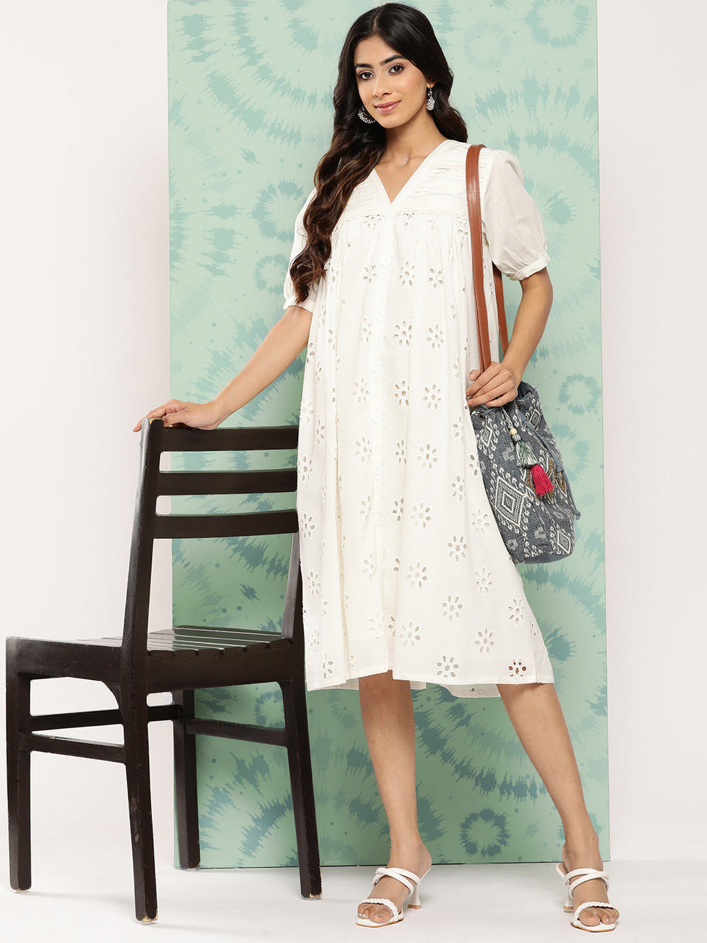 Janasya Women's White Cotton Schiffli Empire Casual Dress
