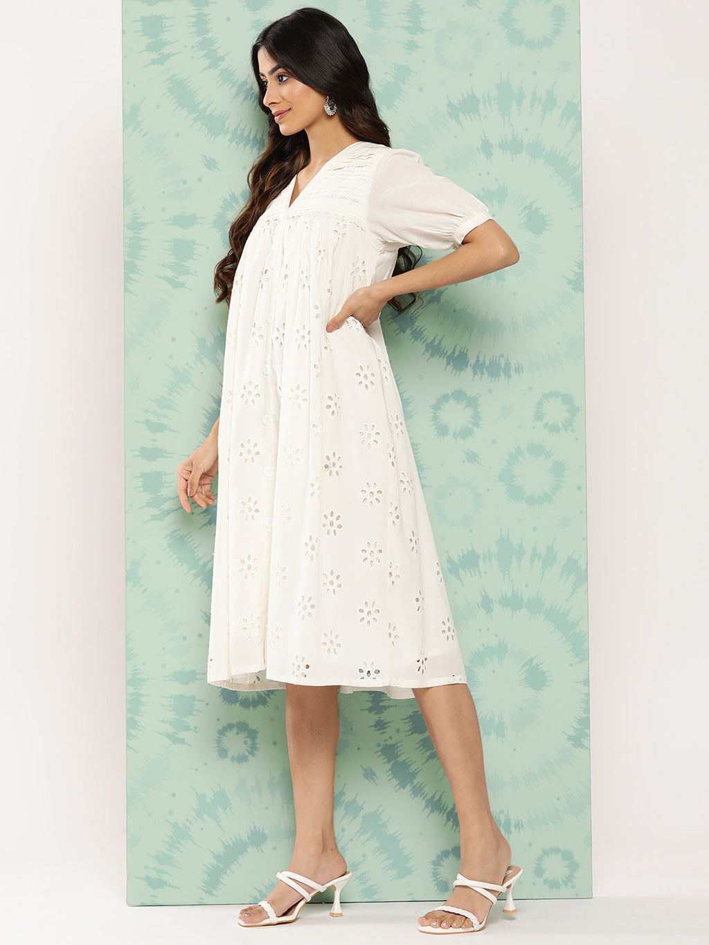 Janasya Women's White Cotton Schiffli Empire Casual Dress