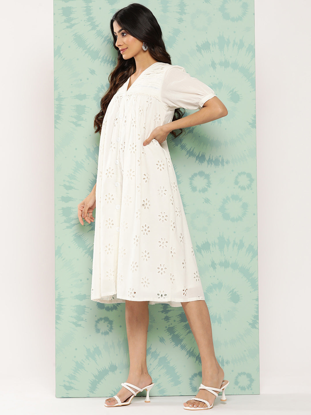 Janasya Women's White Cotton Schiffli Empire Casual Dress