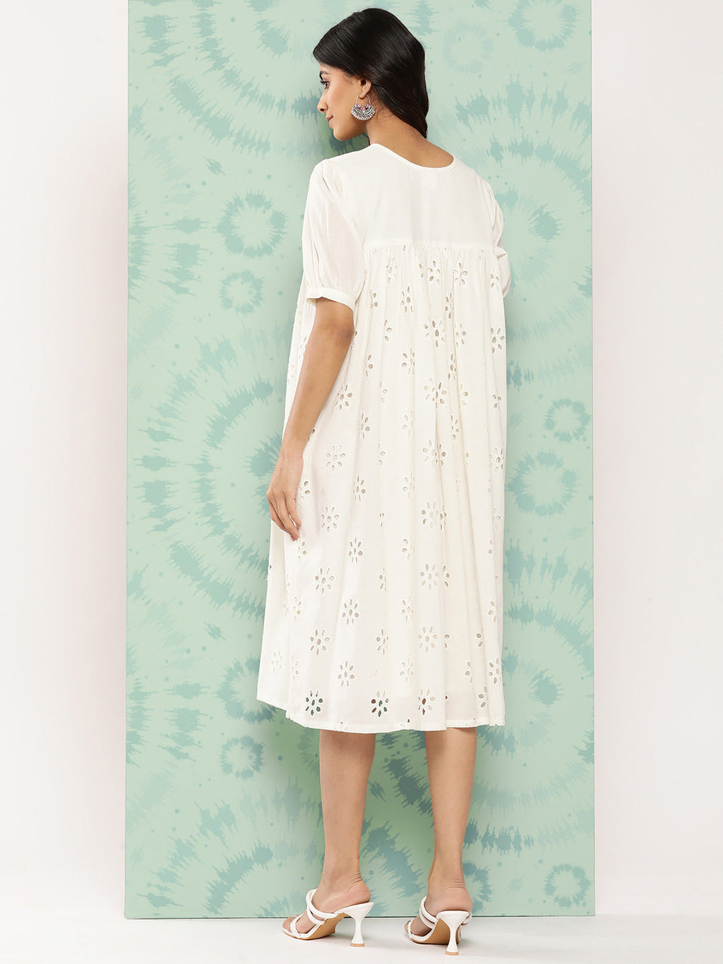 Janasya Women's White Cotton Schiffli Empire Casual Dress