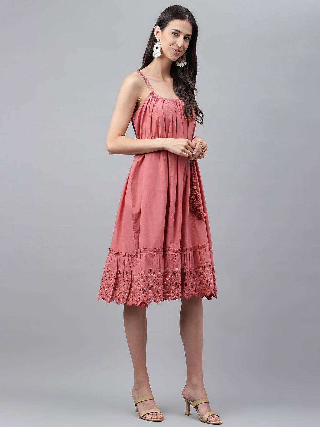 Janasya Women's Pink Cotton Schiffli Flared Western Dress