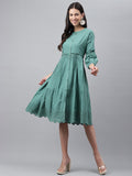 Janasya Women's Green Cotton Schiffli Flared Casual Dress