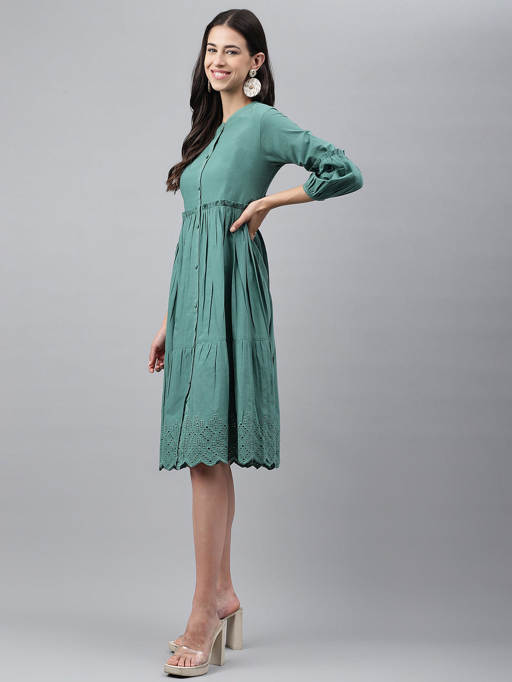 Janasya Women's Green Cotton Schiffli Flared Casual Dress
