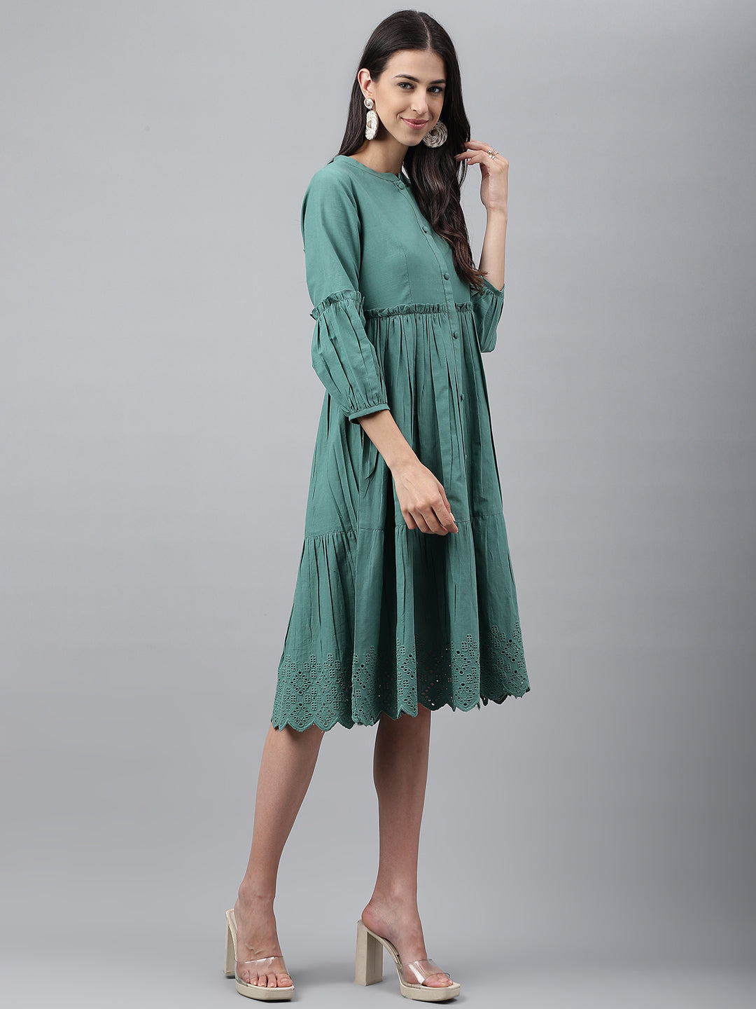 Janasya Women's Green Cotton Schiffli Flared Casual Dress