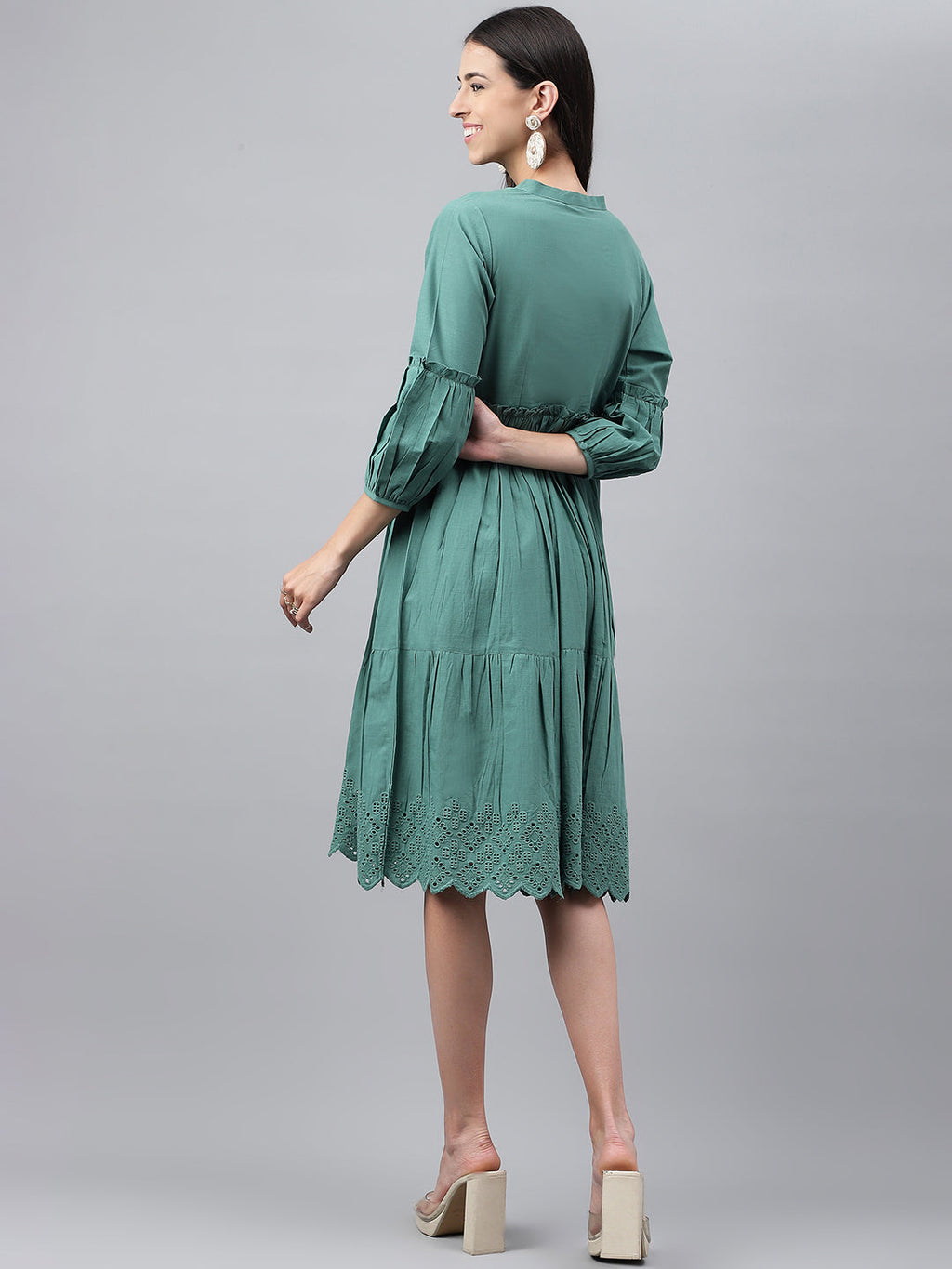 Janasya Women's Green Cotton Schiffli Flared Casual Dress