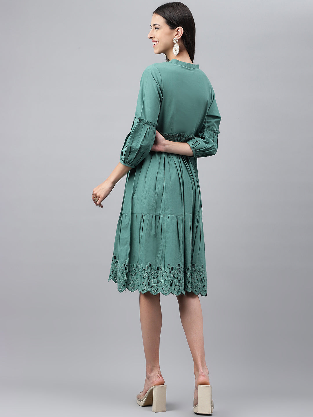 Janasya Women's Green Cotton Schiffli Flared Casual Dress