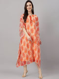 Janasya Women's Orange Chiffon Lurex Floral Printed Casual Kaftan Kurta