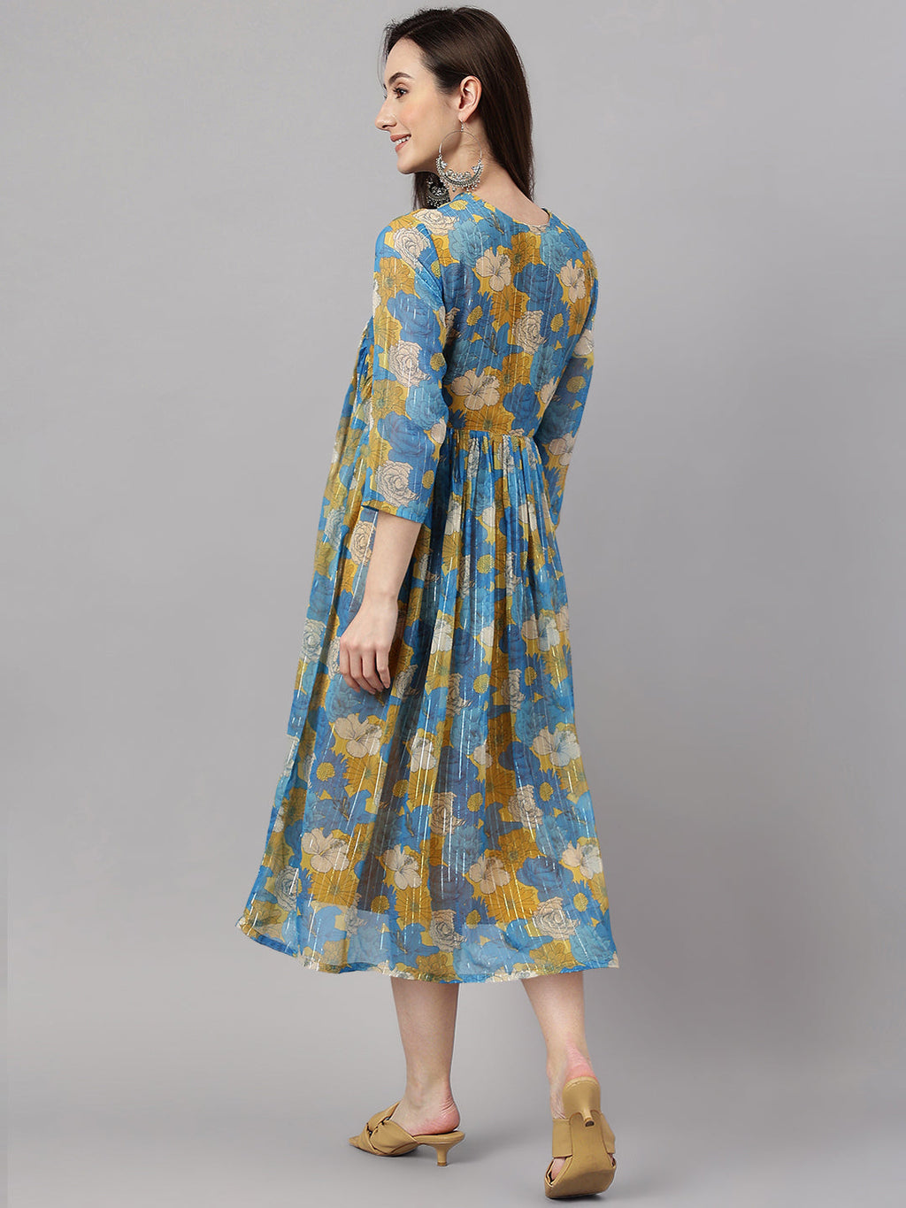Janasya Women's Yellow Chiffon Lurex Floral Printed Flared Casual Dress