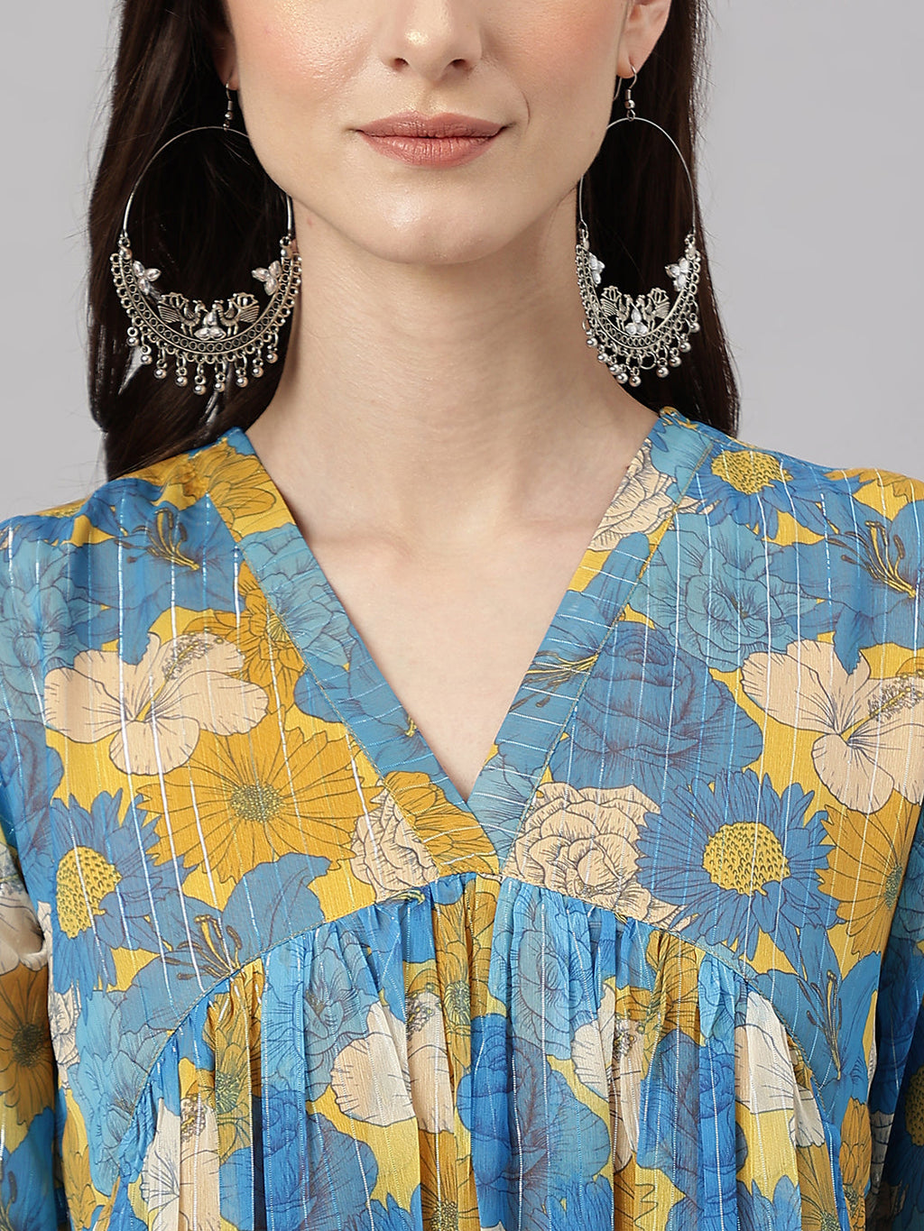 Janasya Women's Yellow Chiffon Lurex Floral Printed Flared Casual Dress