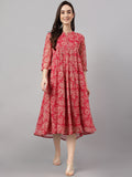 Indian Clothing Janasya Women's Dark Pink Chiffon Lurex Floral Printed Flared Casual Dress