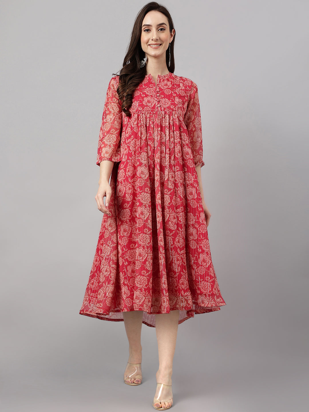 Janasya Dark Pink Chiffon Lurex Floral Printed Flared Kurta