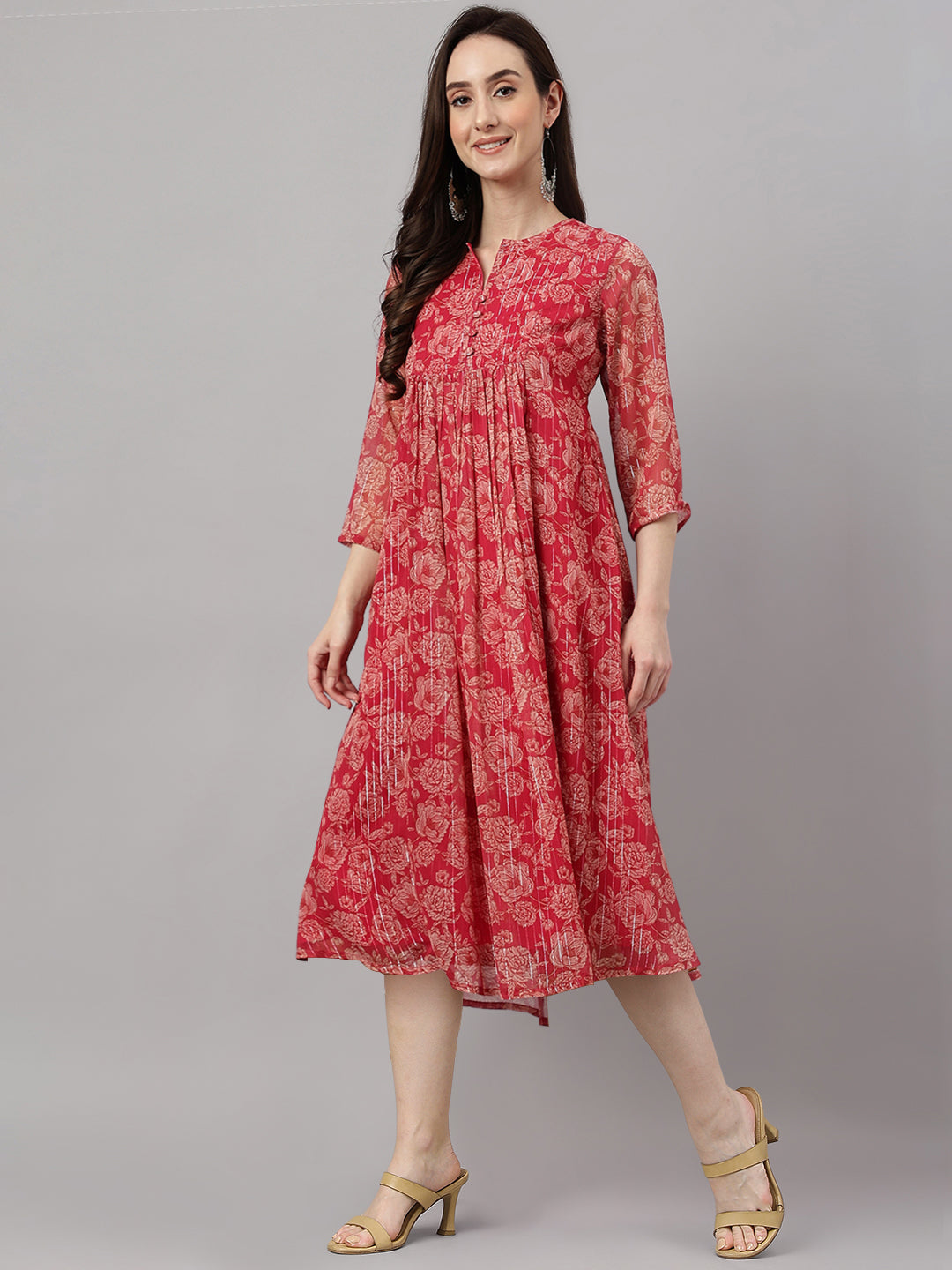 Janasya Dark Pink Chiffon Lurex Floral Printed Flared Kurta