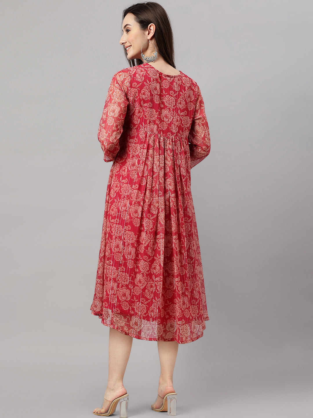 Janasya Dark Pink Chiffon Lurex Floral Printed Flared Kurta